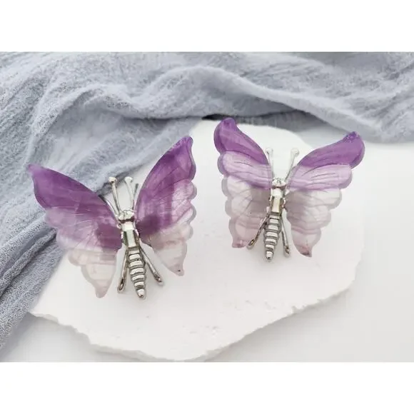 Purple Fluorite Butterfly Wings Crystal Carving - Picture 1 of 6